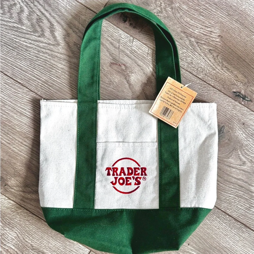 NWT Trader Joe’s Mini Canvas Tote Bag Brand New Dark Green w Red Logo - Picture 2 of 8